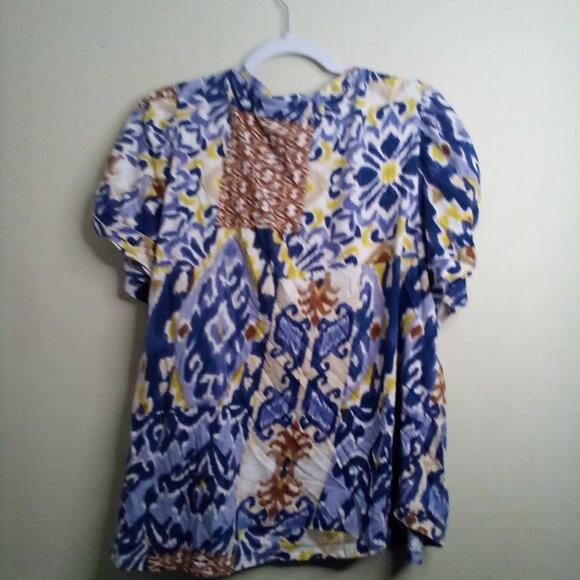 Cupio Blouse Women 2X Short Sleeve Soft Pattern Blue Brown Yellow - Picture 11 of 15